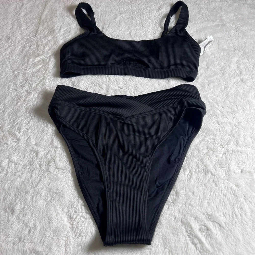 Cupshe Black Ribbed High Waisted Bikini Set Keyhole Top Crossover‎ Bottom Medium